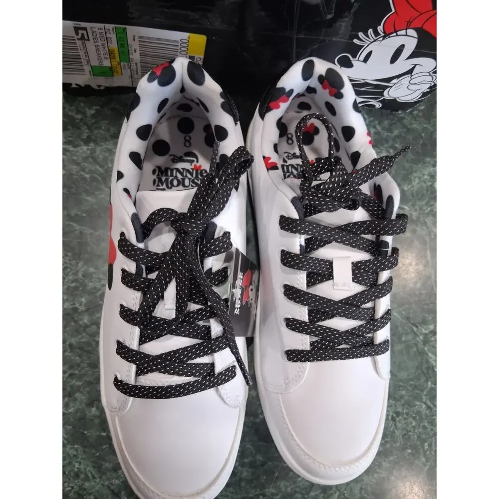Disney Minnie Mouse Sneakers Ladies Size 8 White Polka Dot Laces Red Bow New